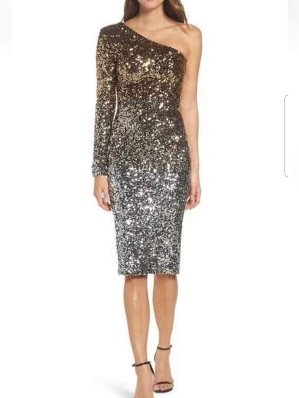 Dress the Population Chrissie One-Shoulder Ombré Sequin Sheath Dress Size Large